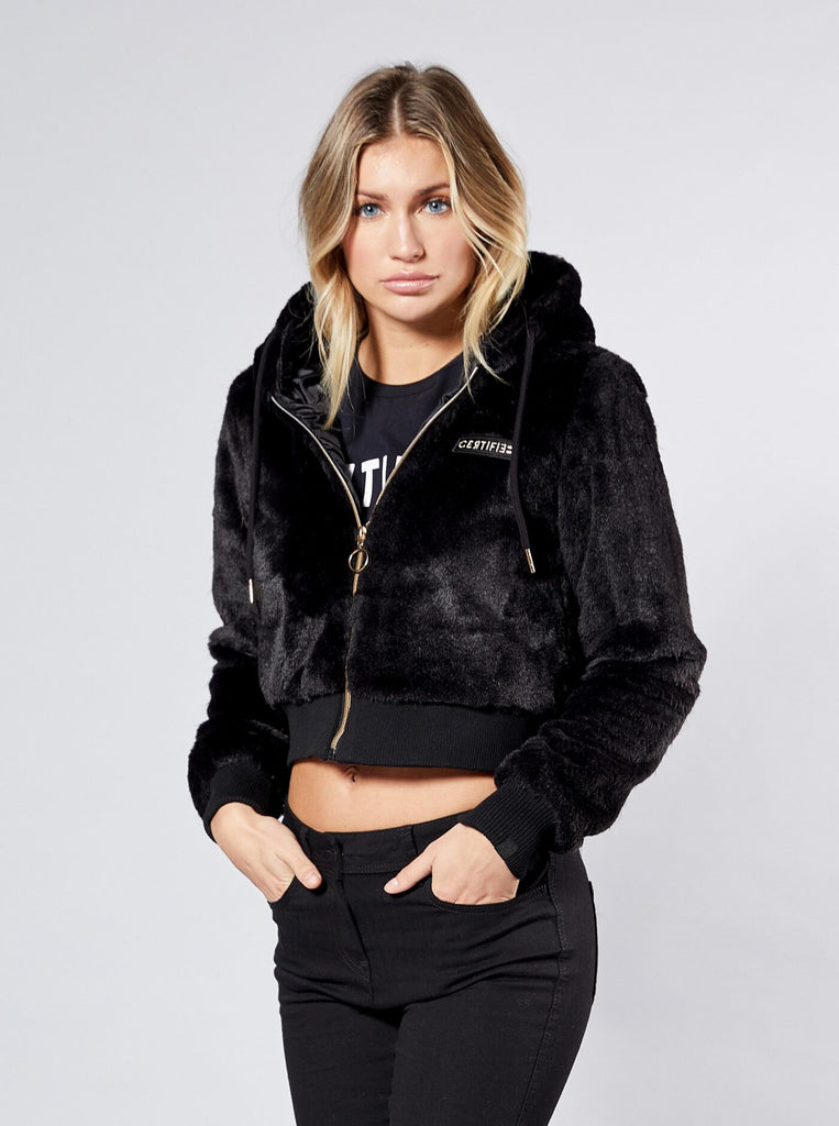 cropped faux fur hoodie