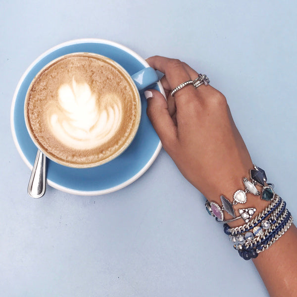 chloe + isabel by Rachel Nevarez layered bracelet look blue tones
