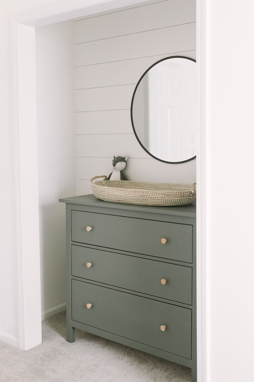 Olive green changing table for boho farmhouse baby boy nursery interior