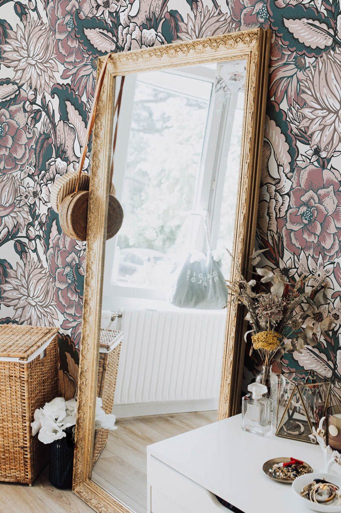 Bohemian girls room interior with oversized paisley print removable wallpaper and gold mirror