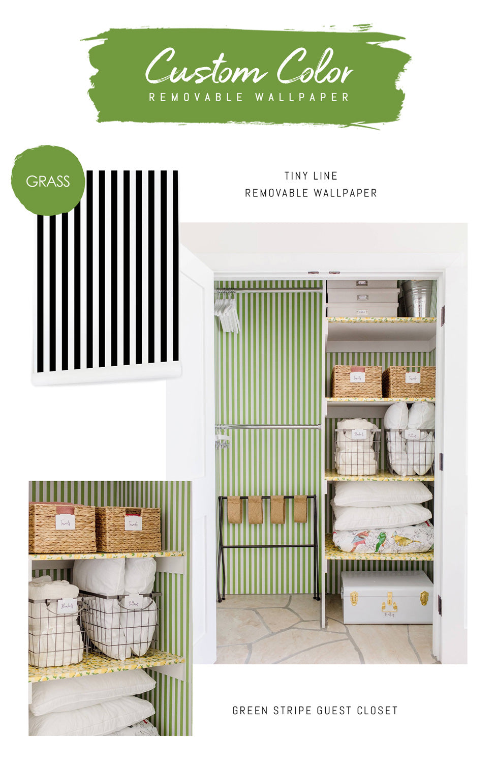 Custom color tiny stripe wallpaper for guest closet project