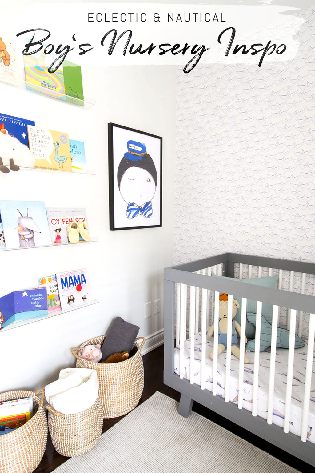 Modern and bright baby nursery interior with coastal nautical style and colorful eclectic interior decor