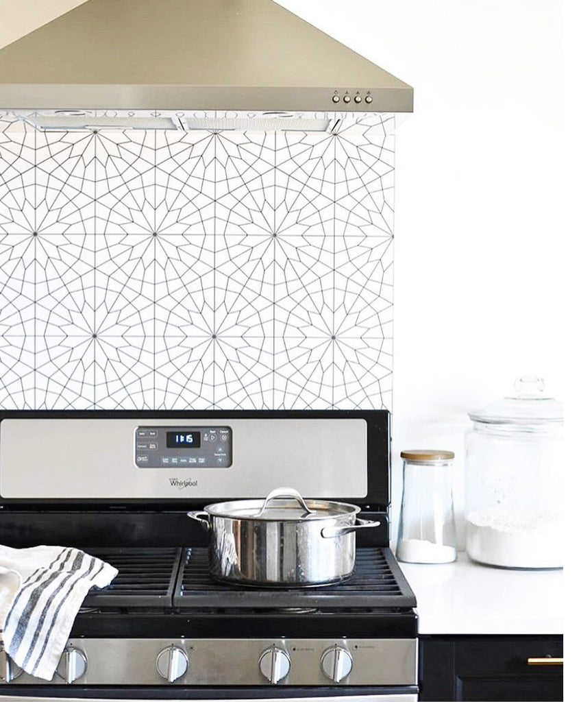 Removable wallpaper used as kitchen backsplash behind the stove