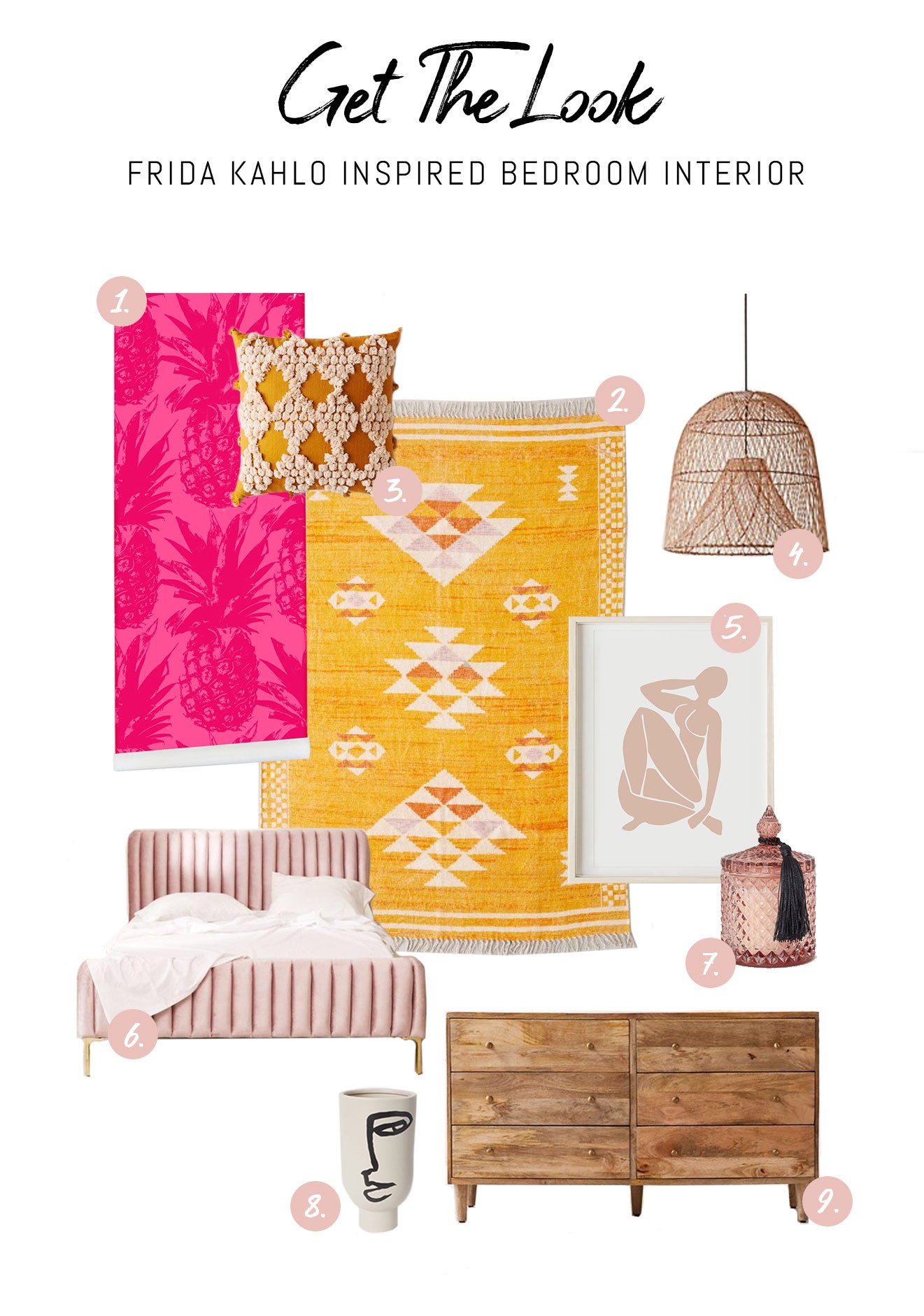 Modern Frida Kahlo inspired bedroom interior design with blush pink velvet bed, sunny yellow mexican area rug and soft pink interior decor elements