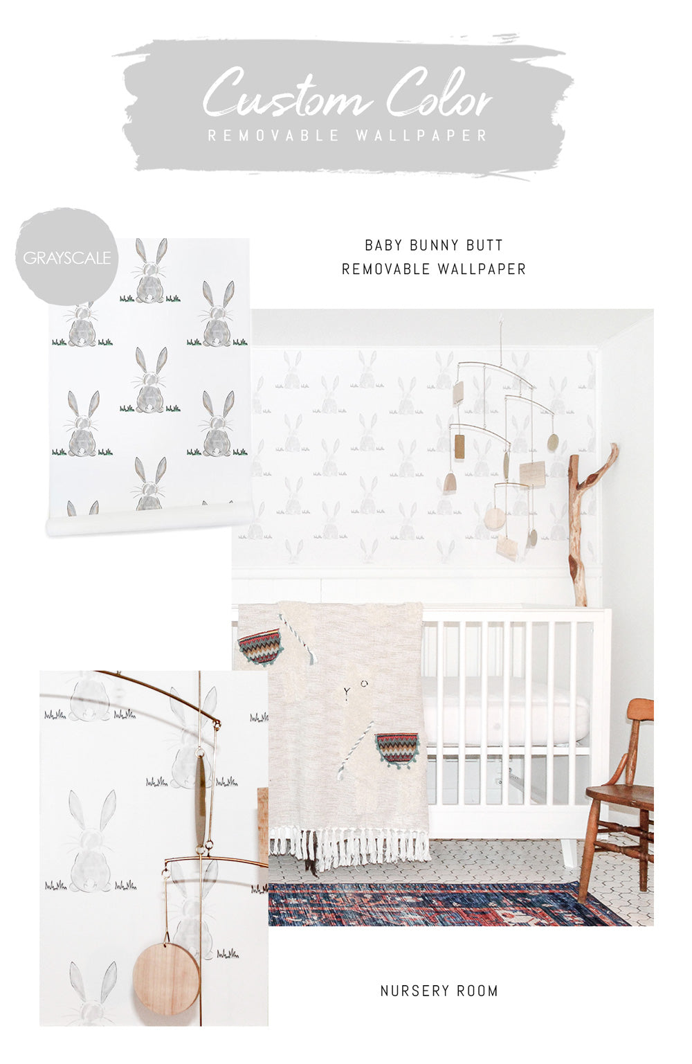 Greyscale bunny butt removable wallpaper for a boho nursery