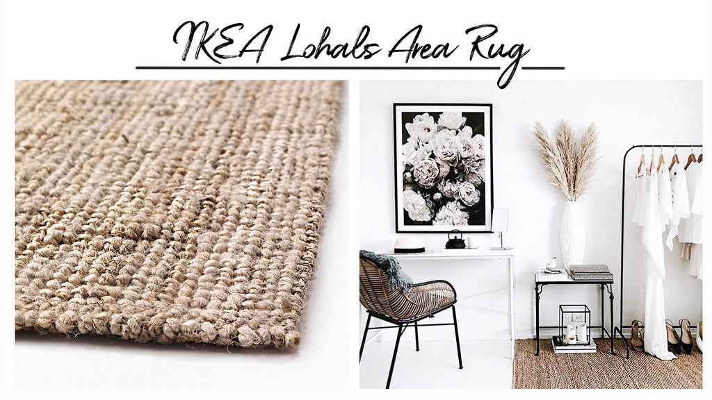 Woven area rug Lohals from ikea in styled bohemian office interior