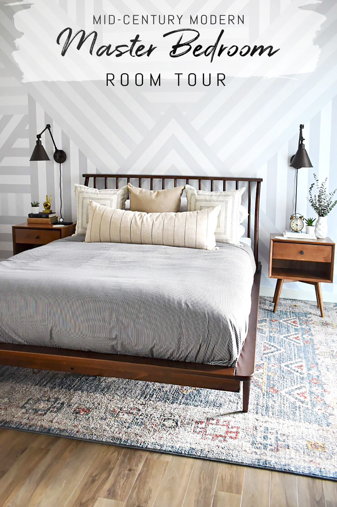 Mid century modern master bedroom interior room tour with oversized geometric wallpaper, dark wood furniture, light color bed linen and mix of patterns