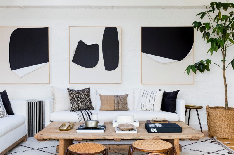 Scandi bohemian LA home, black and white living room interior with boho interior decor