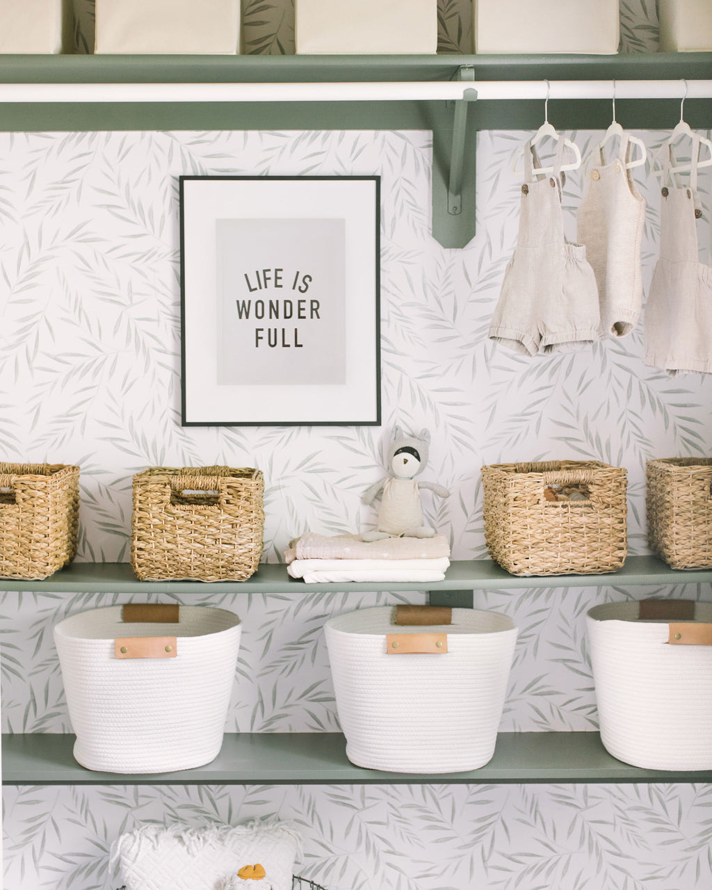 Gender neutral nursery styling, kid's room closet organisation and design