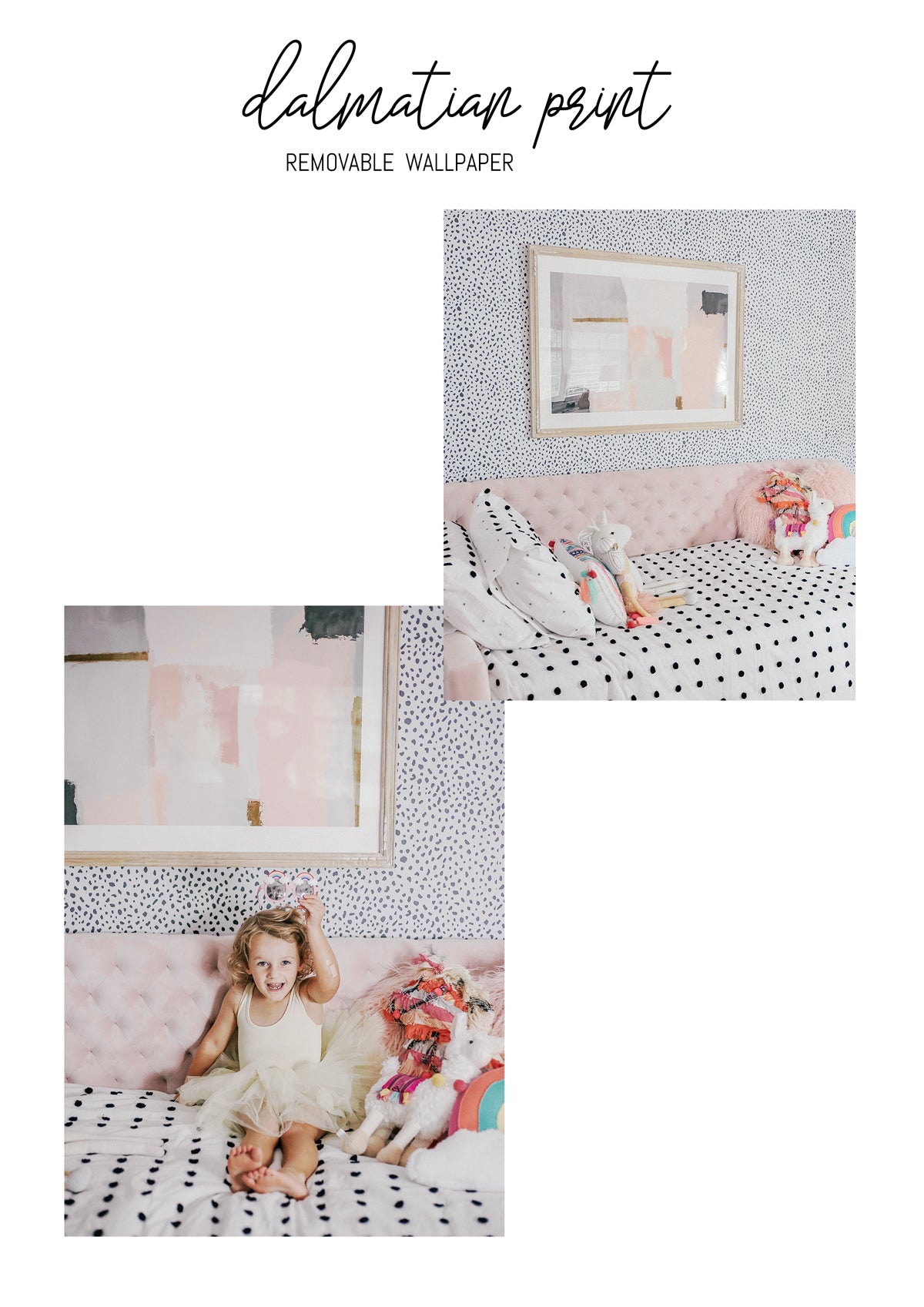 Glam girls room interior with dalmatian wallpaper and pink tufted bed