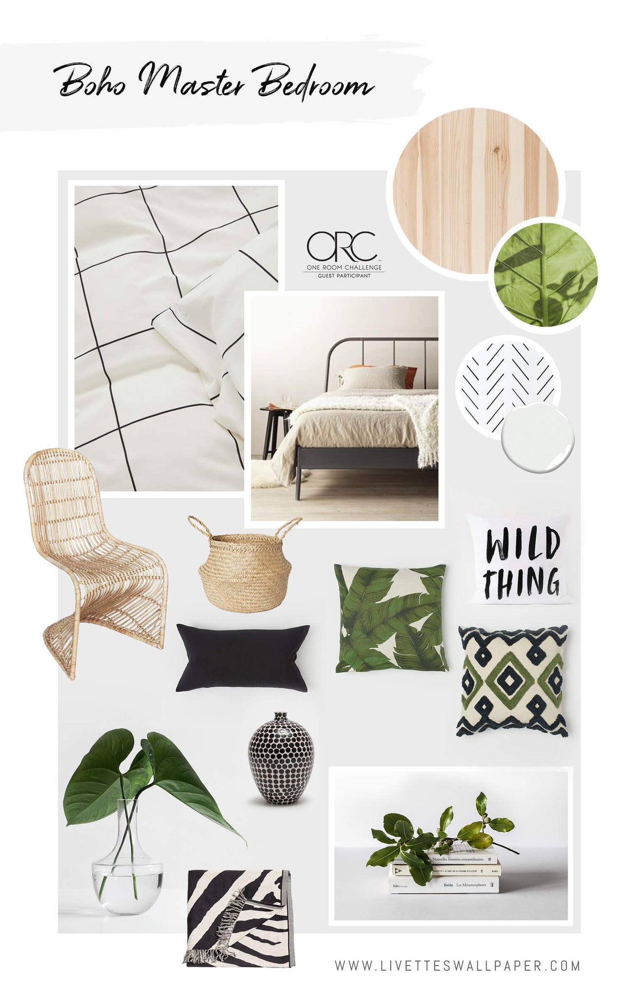 One room challenge 2019, spring series. Guest participant master bedroom remodel in modern bohemian interior style.