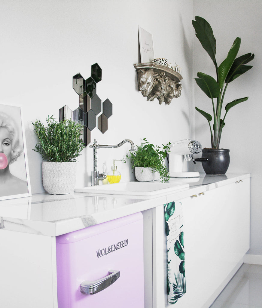 Modern retro kitchen with white cabinets, plants and pink retro fridge