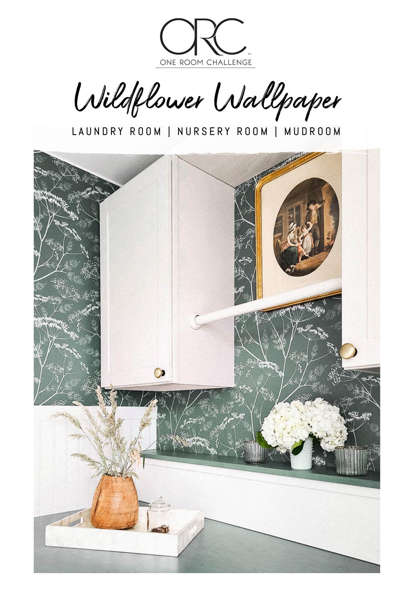Modern wildflower removable wallpaper styled in nursery interior, mudroom and laundry room