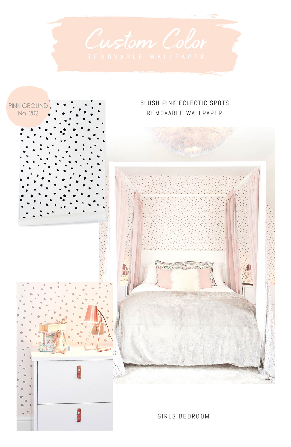 Eclectic spot wallpaper in pink and grey for a girls bedroom