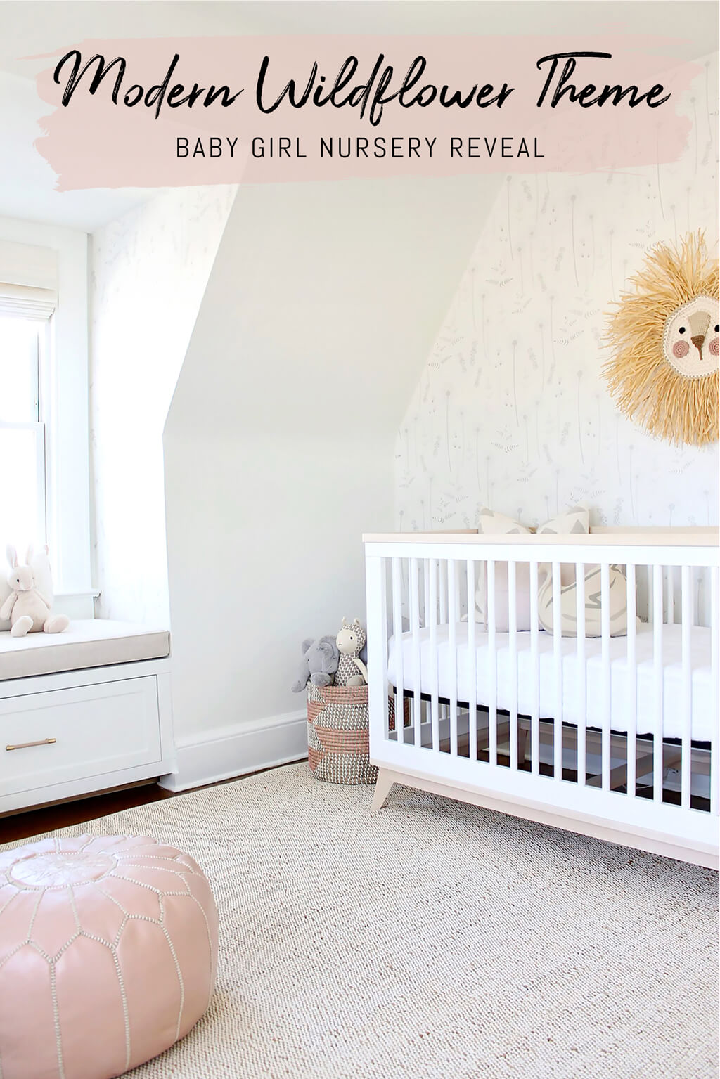 Modern all white wildflower theme baby girl nursery with chic brass and blush pink interior decor