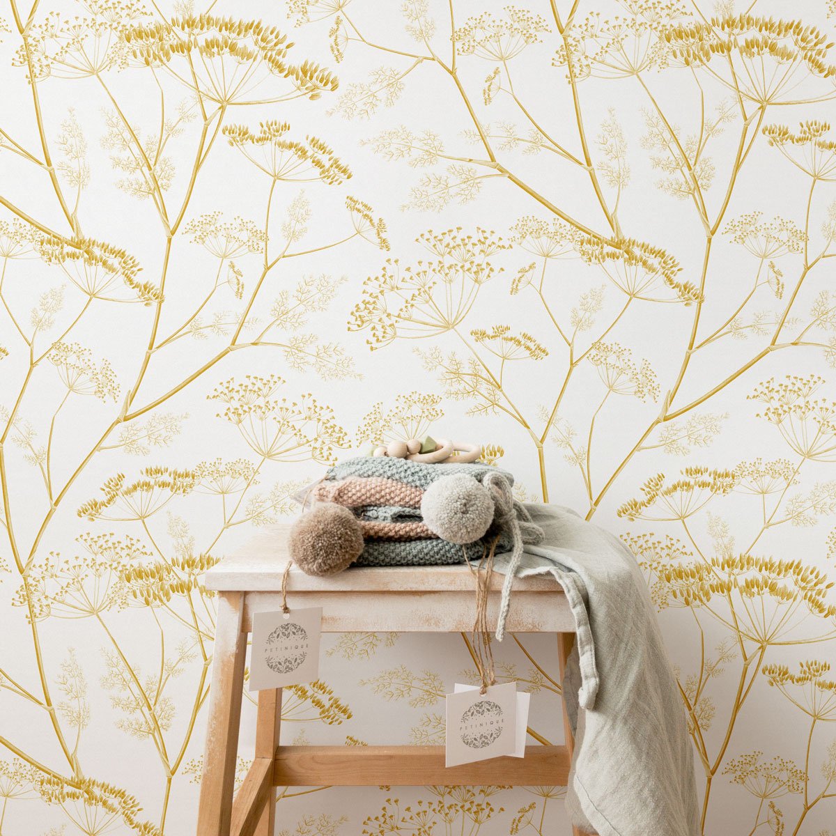 Yellow meadow pattern removable wallpaper for nursery interior