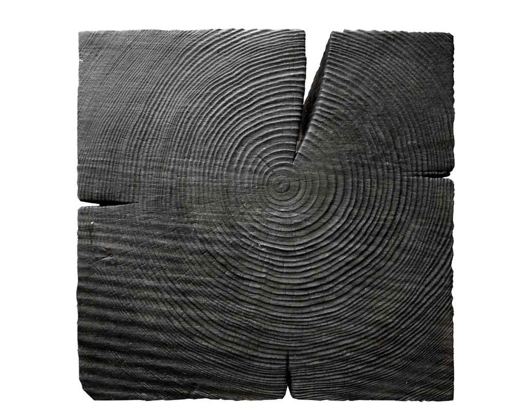 Black wood texture of a geometric bedside table design.