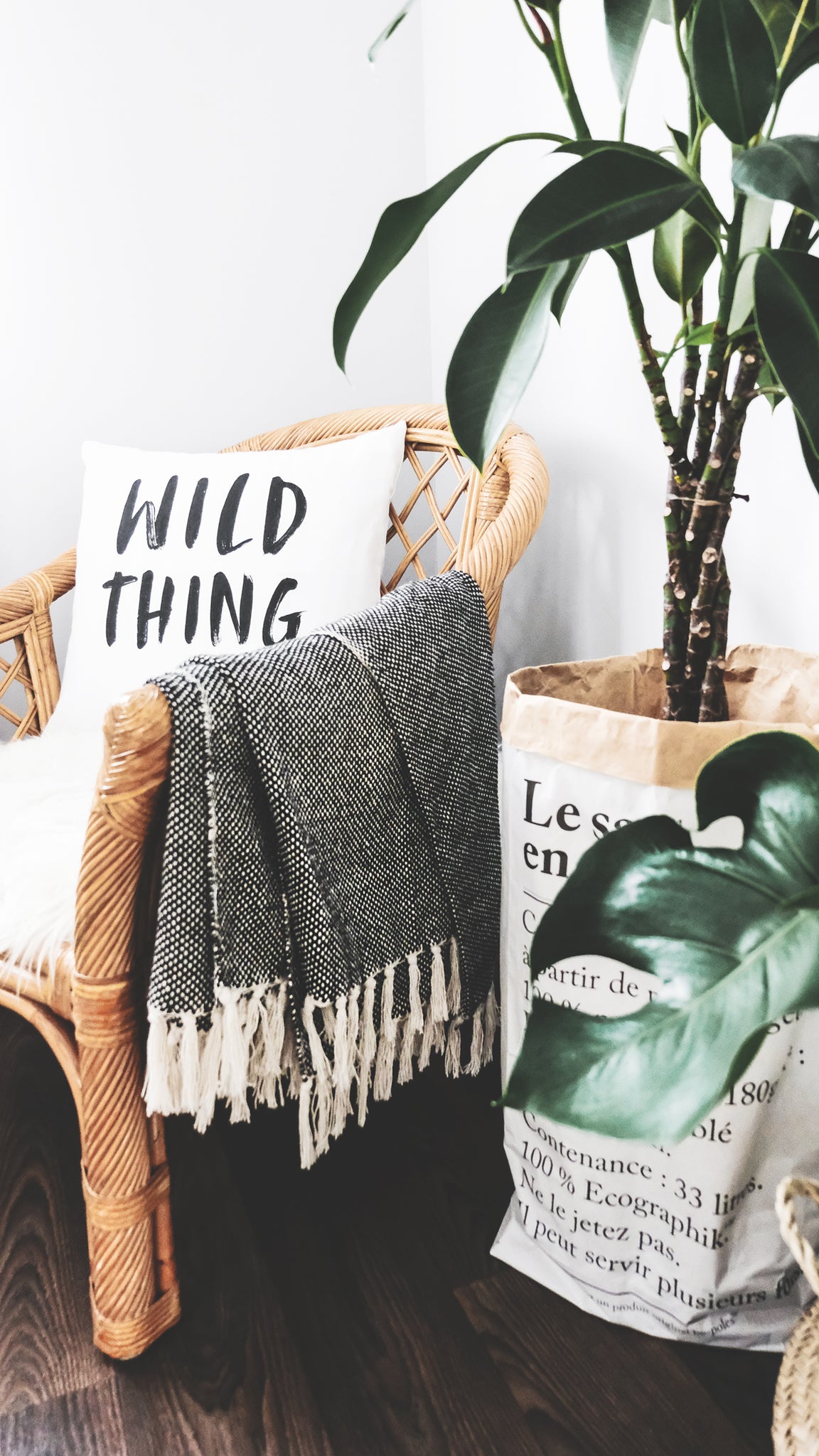 Boho reading corner with fringe blanket, throw pillows and greenery