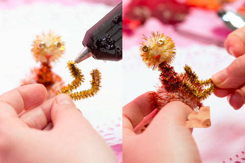 turkey table topper - bend a fuzzy stick in half to create a wing shape and glue it to the body