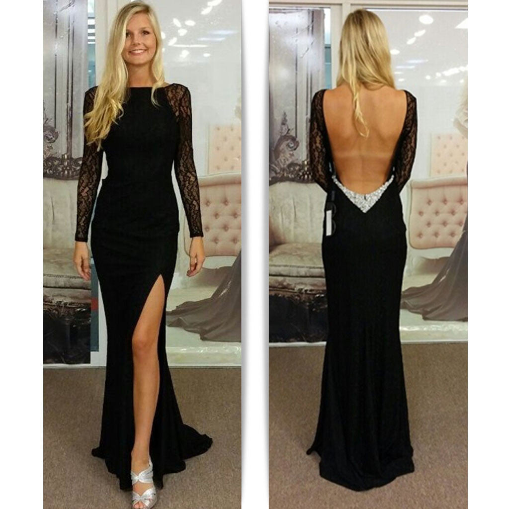 black long sleeve backless gown