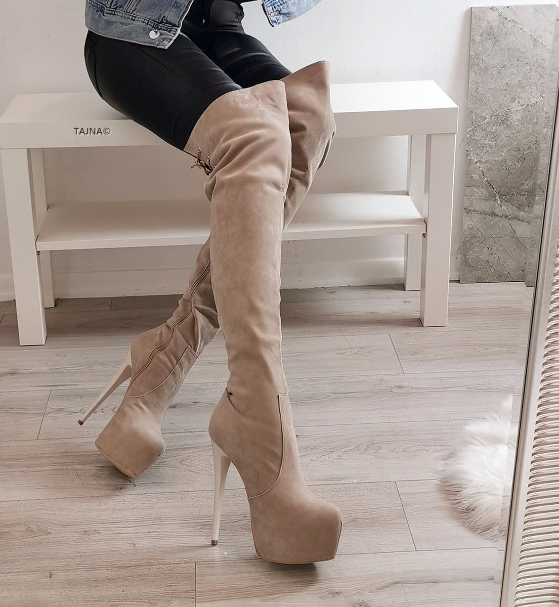 Sweets Suede Women Over Knee Boots Hidden Heels Princess Beige Shoes Ske15 