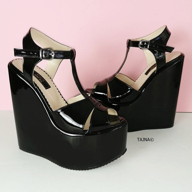 Black Patent Extreme Heel Wedge Sandals 