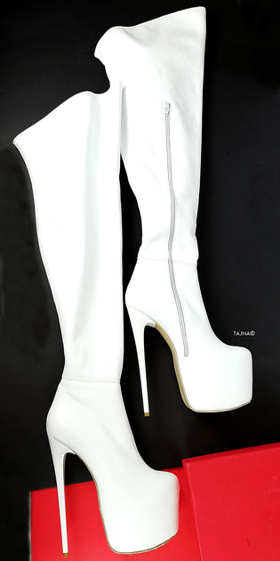 Genuine Leather White Thigh High Boots 