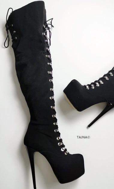 black suede lace up knee high boots