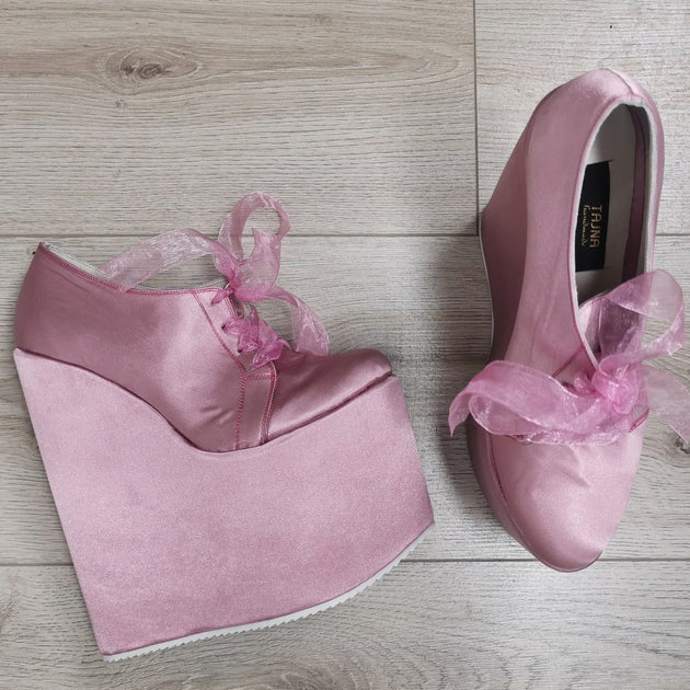 Pink Satin Lace Up High Heel Wedges 