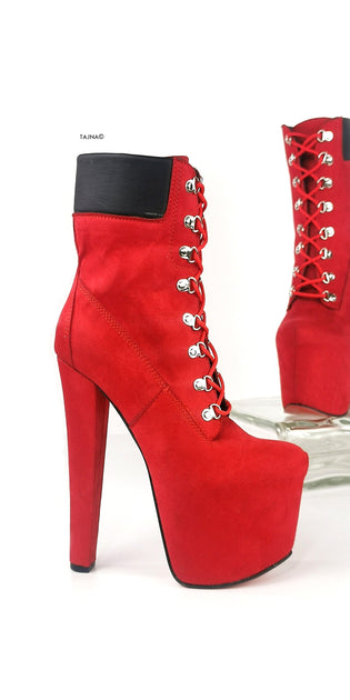 red suede lace up boots