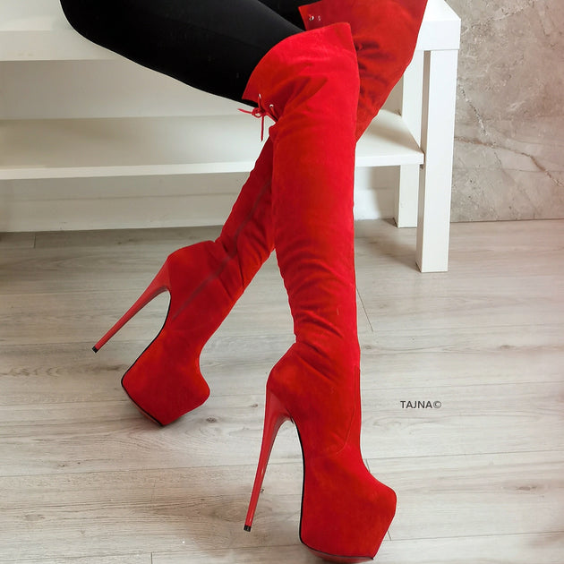 red over the knee high heel boots