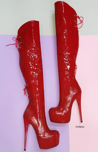red platform knee high boots