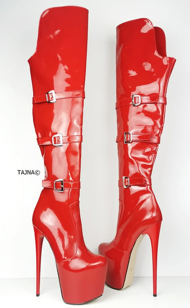 red patent leather knee high boots