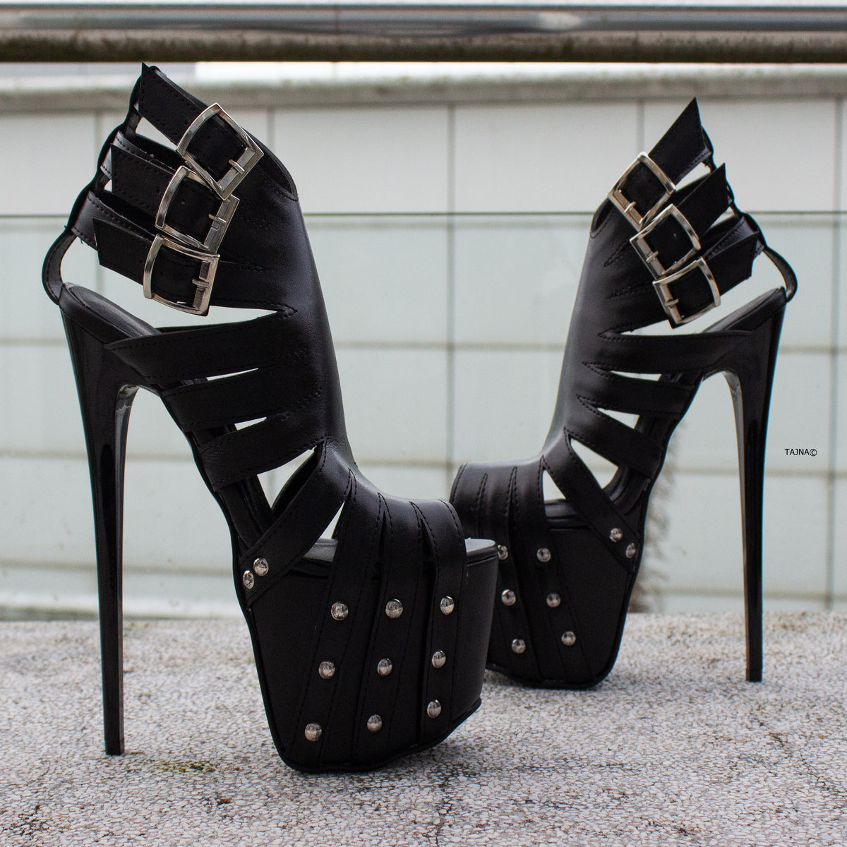 Multi Belted Black Ankle Cut Pin High Heels Tajna Club