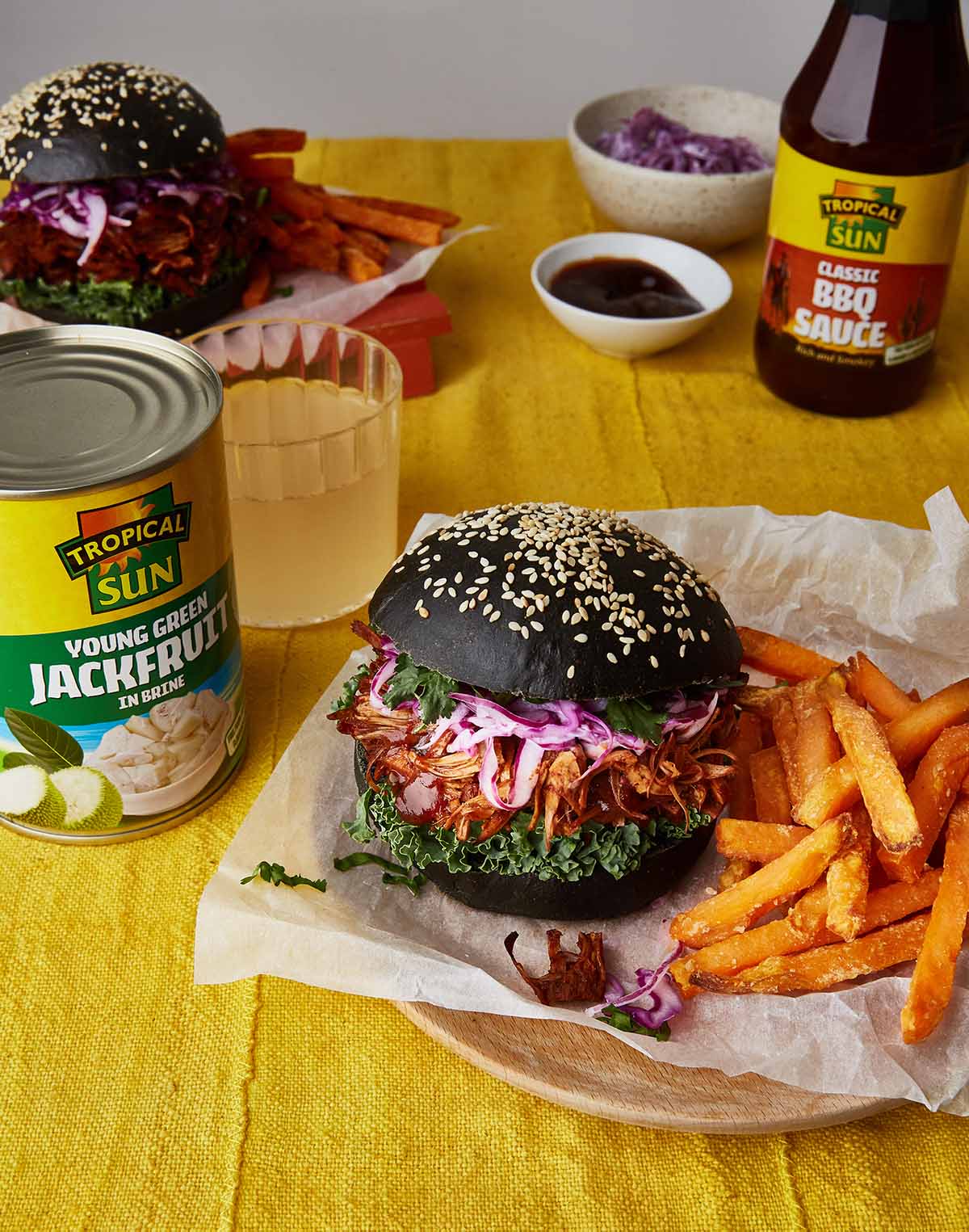 Izy Hossack BBQ Jackfruit Burger Corriander & Caggabe Slaw Recipe Tropical Sun Classic BBQ Sauce