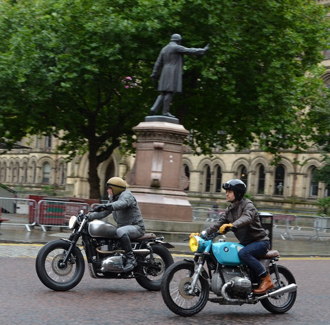two riders in Alberts Square one on a BMW classic from the 80's