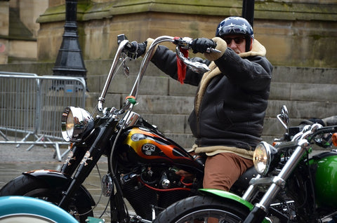 bearded gent in Alberts Square on Harley Davidson chopper
