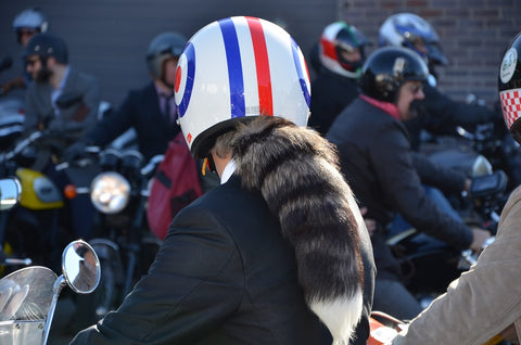 scooter rider with racoon tail from helmet at gentlemans ride manchester