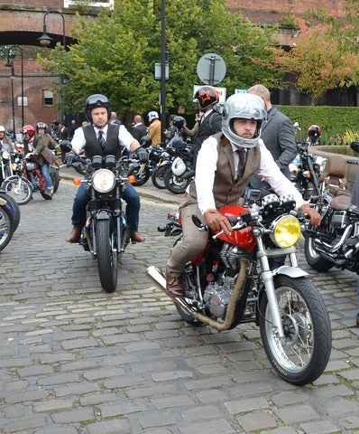 two riders at Manchester Gentlemans Ride in waistcoats.