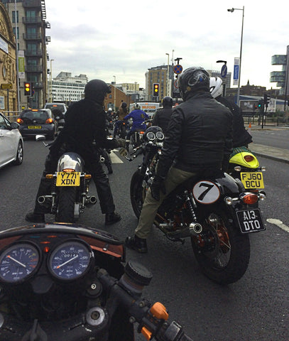 looking from Moto Guzzi Le Manms Mk1 at two Guzzis on DGR Manchester