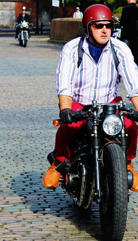 Rider in striped shirt at Distinguished Gentlemans Ride Manchester