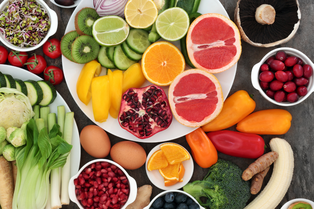 Plates of fresh and colorful produce