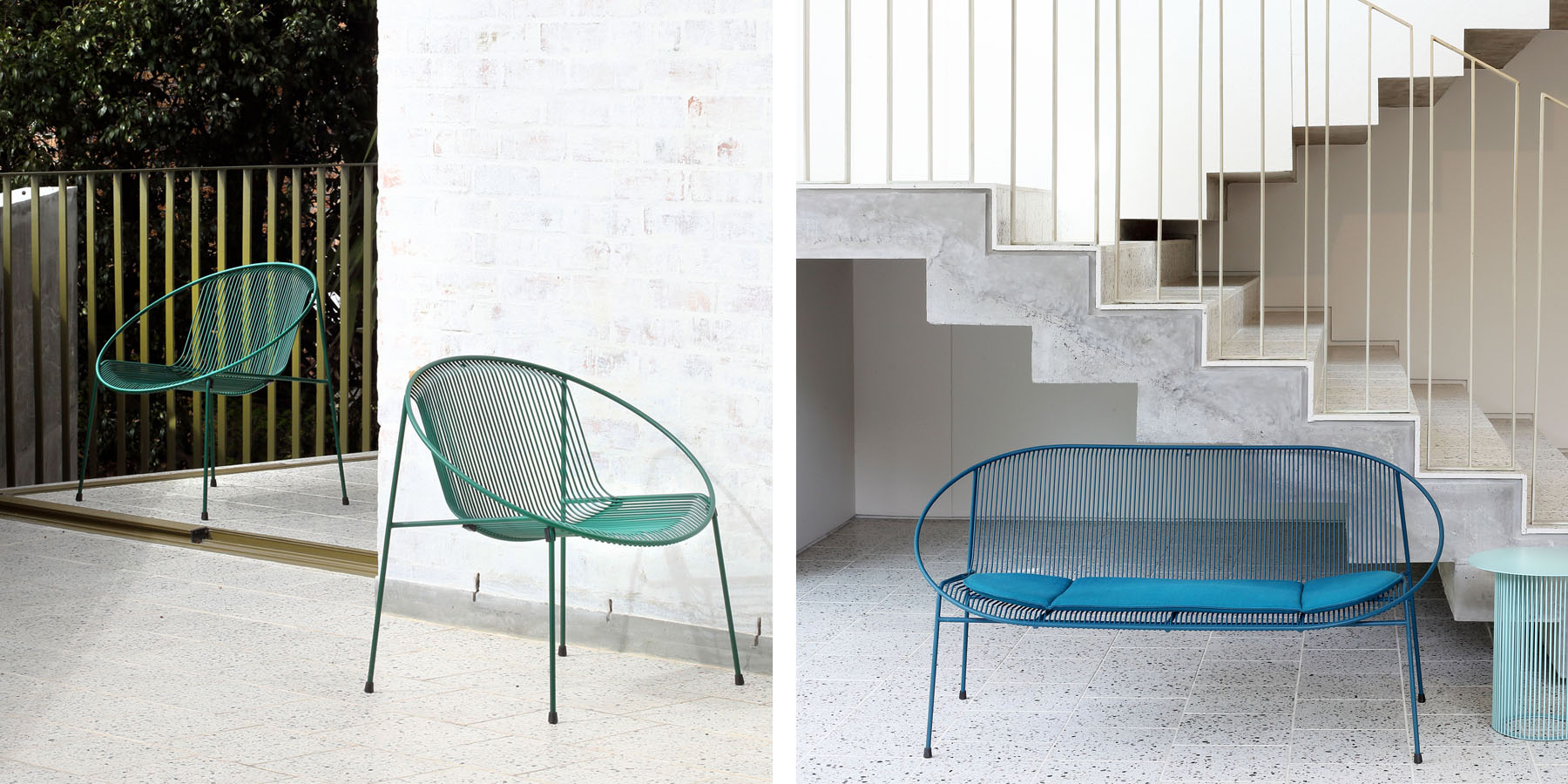 Haldane Martin, Hula outdoor furniture collection, green and blue outdoor tables and chairs.  Haldane Martin outdoor furniture is available at Sarza home goods and furniture store in Rye New York. 