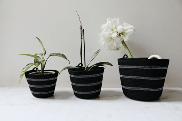 Three Mia Melange planter baskets in black and white. Mia Melange products available at Sarza home goods and furniture store in Rye New York. 