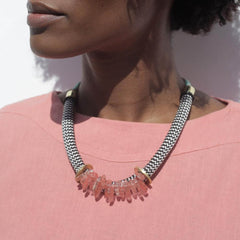 Pichulik jewelry Egun Rose  necklace worn by model	