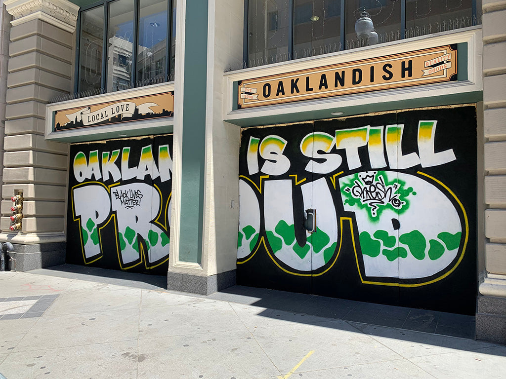 Another closeup image of the Oakland Is Proud Del Phresh mural at Oaklandish.