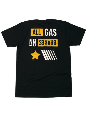 All gas no breaks text on tee.