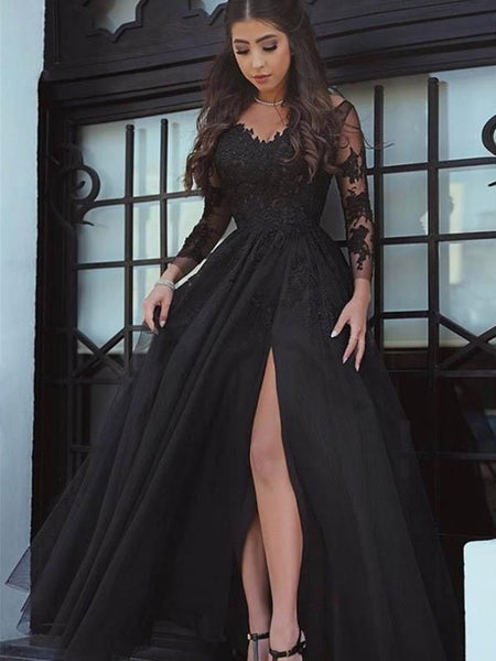 Lace Black Long Sleeve Evening Dress With Leg Slit Lace Black Prom Dr Morievent 0279