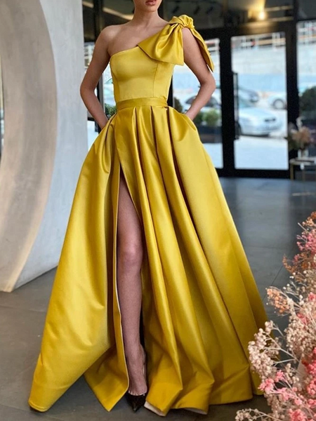 One Shoulder Satin Yellow High Slit Prom Dresses One Shoulder Formal Morievent 9082