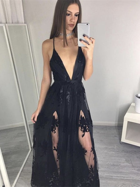 Custom Made A Line V Neck Black Lace Prom Dresses V Neck Lace Formal Morievent 8441